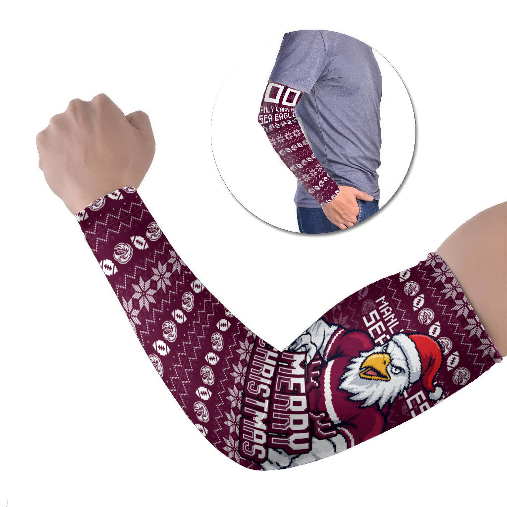 Personalized Sea Eagles Christmas Arm Sleeves Australian Rugby Fans - Pixelated Ugly Xmas Pattern Mascot Santa