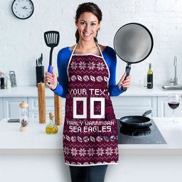 Personalized Sea Eagles Christmas Apron Australian Rugby Fans - Pixelated Ugly Xmas Pattern Mascot Santa