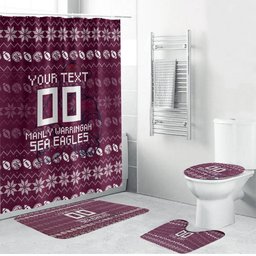 Personalized Sea Eagles Christmas Bathroom Set Australian Rugby Fans - Pixelated Ugly Xmas Pattern Mascot Santa