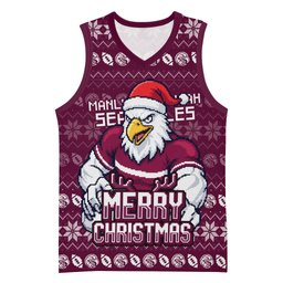 Personalized Sea Eagles Christmas Basketball Jersey Australian Rugby Fans - Pixelated Ugly Xmas Pattern Mascot Santa