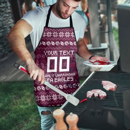 Personalized Sea Eagles Christmas Apron Australian Rugby Fans - Pixelated Ugly Xmas Pattern Mascot Santa