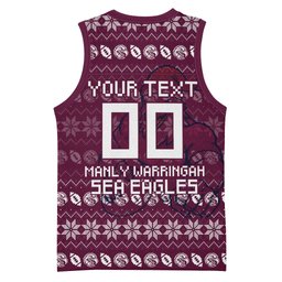 Personalized Sea Eagles Christmas Basketball Jersey Australian Rugby Fans - Pixelated Ugly Xmas Pattern Mascot Santa