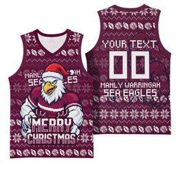 Personalized Sea Eagles Christmas Basketball Jersey Australian Rugby Fans - Pixelated Ugly Xmas Pattern Mascot Santa