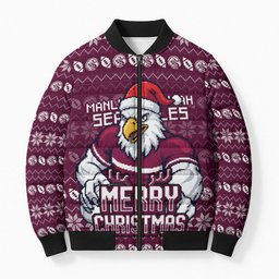 Personalized Sea Eagles Christmas Bomber Puffer Jacket Australian Rugby Fans - Pixelated Ugly Xmas Pattern Mascot Santa
