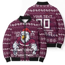Personalized Sea Eagles Christmas Bomber Puffer Jacket Australian Rugby Fans - Pixelated Ugly Xmas Pattern Mascot Santa