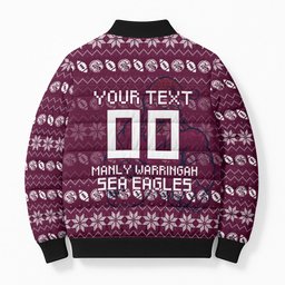 Personalized Sea Eagles Christmas Bomber Puffer Jacket Australian Rugby Fans - Pixelated Ugly Xmas Pattern Mascot Santa