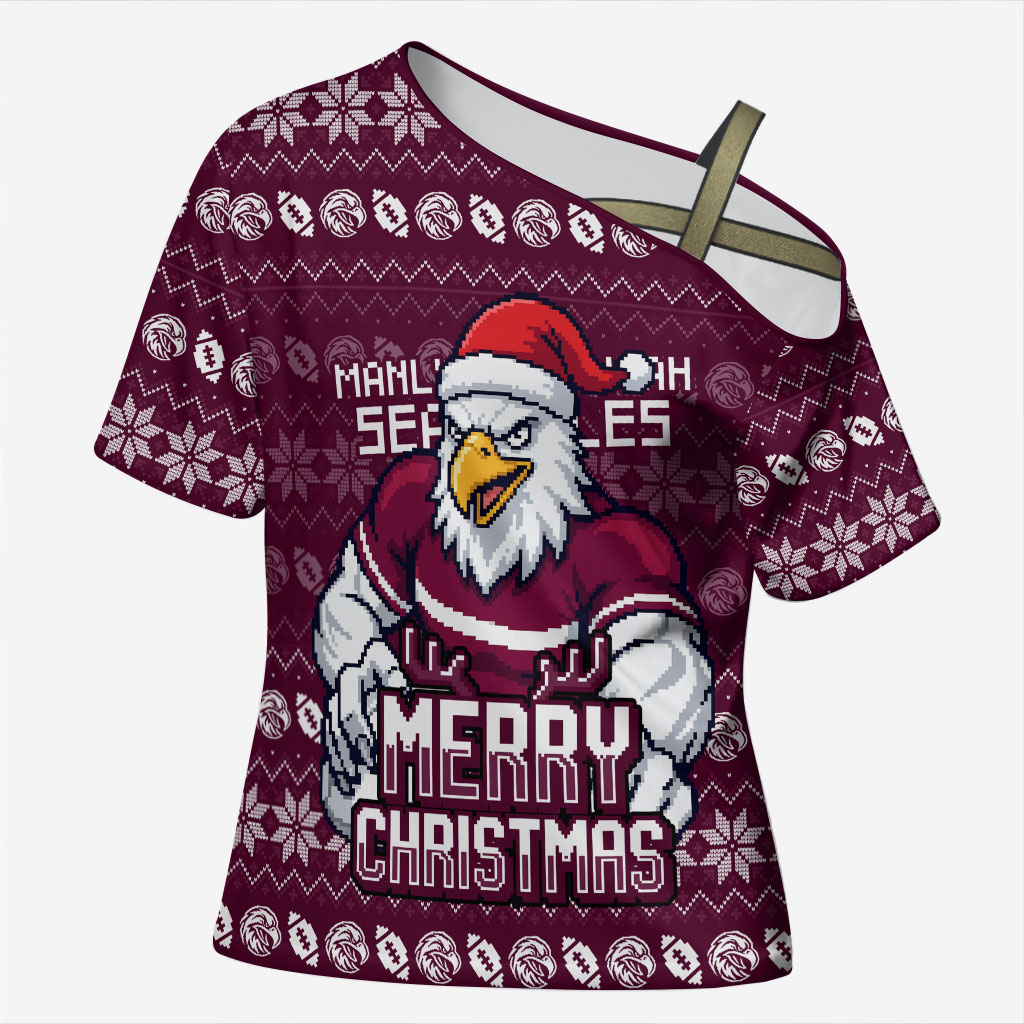 Personalized Sea Eagles Christmas Cross Shoulder Shirt Australian Rugby Fans - Pixelated Ugly Xmas Pattern Mascot Santa