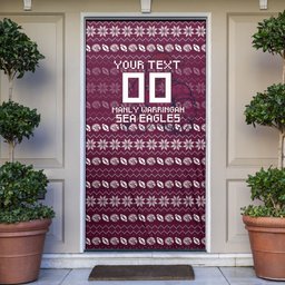 Personalized Sea Eagles Christmas Door Cover Australian Rugby Fans - Pixelated Ugly Xmas Pattern Mascot Santa