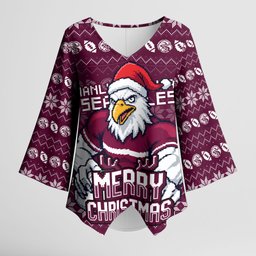 Personalized Sea Eagles Christmas Kimono Sleeve Blouse Australian Rugby Fans - Pixelated Ugly Xmas Pattern Mascot Santa