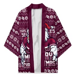 Personalized Sea Eagles Christmas Kimono Australian Rugby Fans - Pixelated Ugly Xmas Pattern Mascot Santa