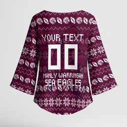 Personalized Sea Eagles Christmas Kimono Sleeve Blouse Australian Rugby Fans - Pixelated Ugly Xmas Pattern Mascot Santa