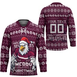 Personalized Sea Eagles Christmas Hockey Jersey Australian Rugby Fans - Pixelated Ugly Xmas Pattern Mascot Santa