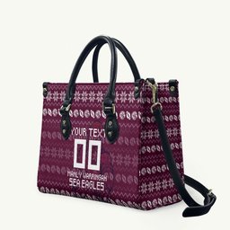 Personalized Sea Eagles Christmas Leather Bag Australian Rugby Fans - Pixelated Ugly Xmas Pattern Mascot Santa