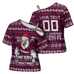 Personalized Sea Eagles Christmas Cross Shoulder Shirt Australian Rugby Fans - Pixelated Ugly Xmas Pattern Mascot Santa