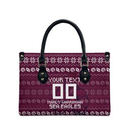 Personalized Sea Eagles Christmas Leather Bag Australian Rugby Fans - Pixelated Ugly Xmas Pattern Mascot Santa