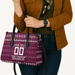 Personalized Sea Eagles Christmas Leather Bag Australian Rugby Fans - Pixelated Ugly Xmas Pattern Mascot Santa