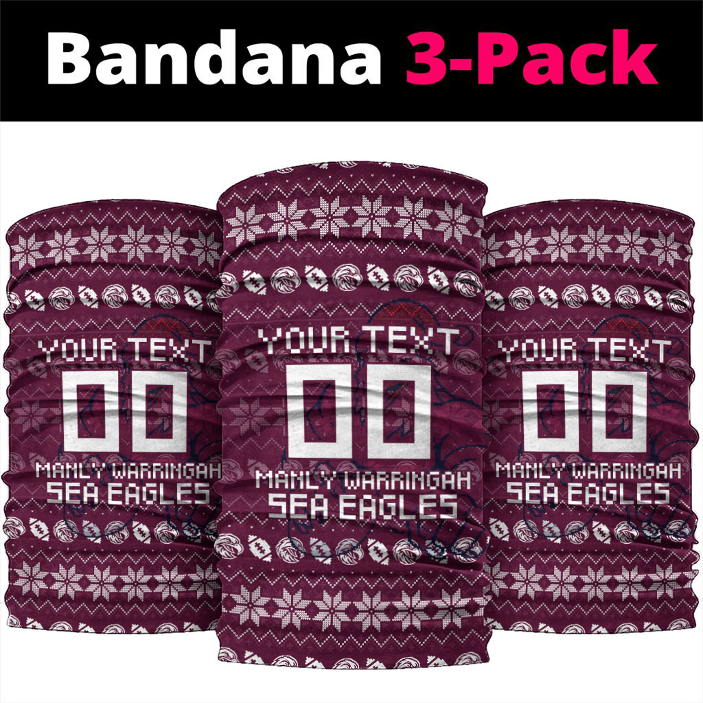 Personalized Sea Eagles Christmas Neck Gaiter Australian Rugby Fans - Pixelated Ugly Xmas Pattern Mascot Santa