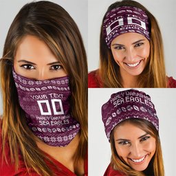 Personalized Sea Eagles Christmas Neck Gaiter Australian Rugby Fans - Pixelated Ugly Xmas Pattern Mascot Santa