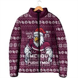 Personalized Sea Eagles Christmas Padded Jacket Australian Rugby Fans - Pixelated Ugly Xmas Pattern Mascot Santa