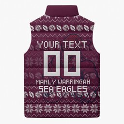 Personalized Sea Eagles Christmas Sleeveless Puffer Jacket Australian Rugby Fans - Pixelated Ugly Xmas Pattern Mascot Santa