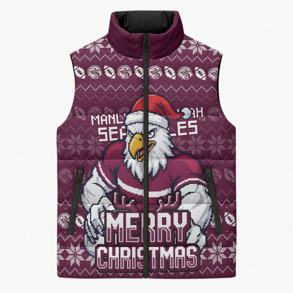 Personalized Sea Eagles Christmas Sleeveless Puffer Jacket Australian Rugby Fans - Pixelated Ugly Xmas Pattern Mascot Santa