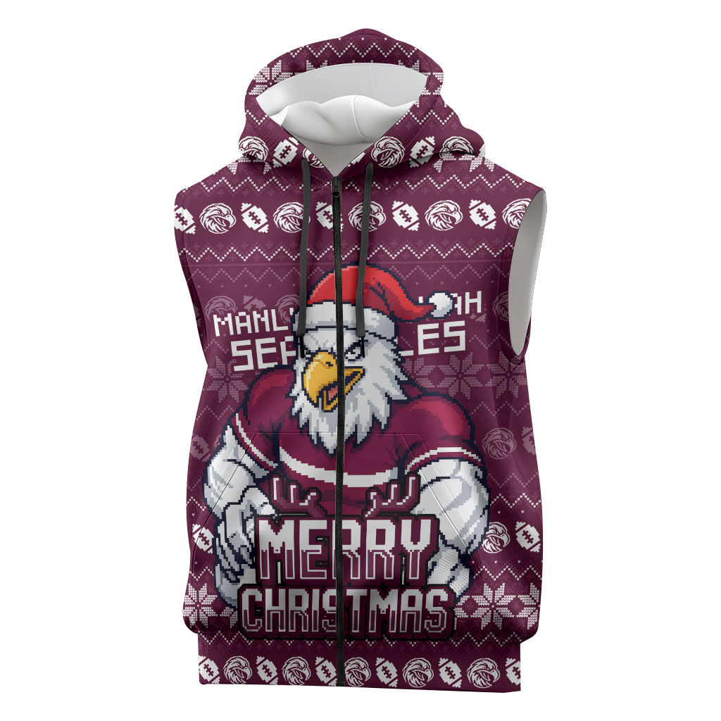 Personalized Sea Eagles Christmas Sleeveless Zip Hoodie Australian Rugby Fans - Pixelated Ugly Xmas Pattern Mascot Santa