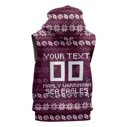 Personalized Sea Eagles Christmas Sleeveless Zip Hoodie Australian Rugby Fans - Pixelated Ugly Xmas Pattern Mascot Santa