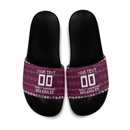 Personalized Sea Eagles Christmas Slide Sandals Australian Rugby Fans - Pixelated Ugly Xmas Pattern Mascot Santa