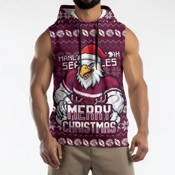 Personalized Sea Eagles Christmas Sleeveless Hoodie Australian Rugby Fans - Pixelated Ugly Xmas Pattern Mascot Santa