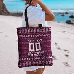 Personalized Sea Eagles Christmas Tote Bag Australian Rugby Fans - Pixelated Ugly Xmas Pattern Mascot Santa