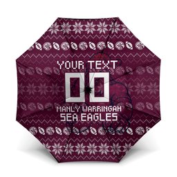 Personalized Sea Eagles Christmas Umbrella Australian Rugby Fans - Pixelated Ugly Xmas Pattern Mascot Santa