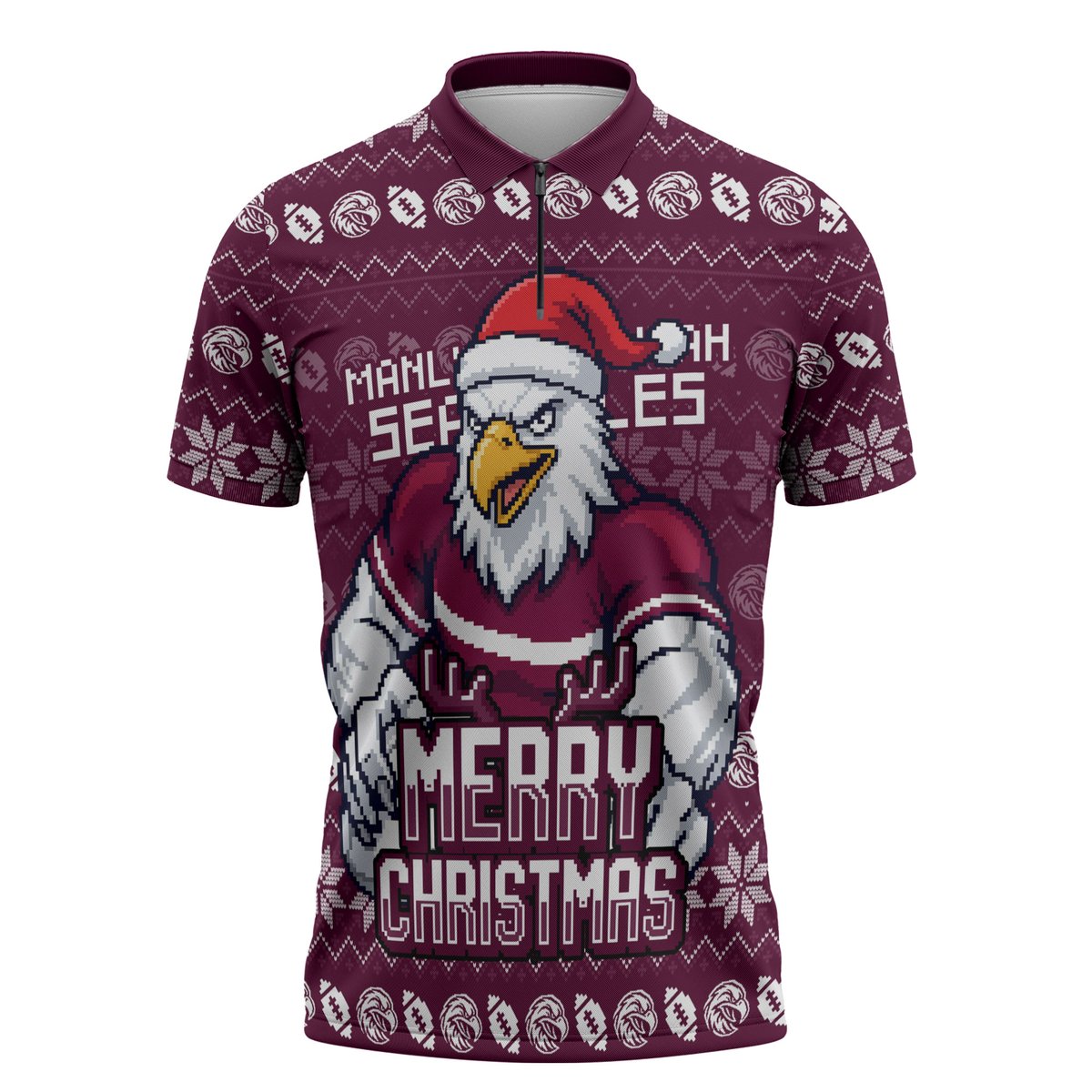 Personalized Sea Eagles Christmas Zipper Polo Shirt Australian Rugby Fans - Pixelated Ugly Xmas Pattern Mascot Santa