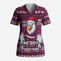 Personalized Sea Eagles Christmas Scrub Top Australian Rugby Fans - Pixelated Ugly Xmas Pattern Mascot Santa