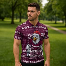 Personalized Sea Eagles Christmas Zipper Polo Shirt Australian Rugby Fans - Pixelated Ugly Xmas Pattern Mascot Santa