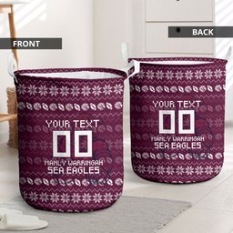 Personalized Sea Eagles Christmas Laundry Basket Australian Rugby Fans - Pixelated Ugly Xmas Pattern Mascot Santa