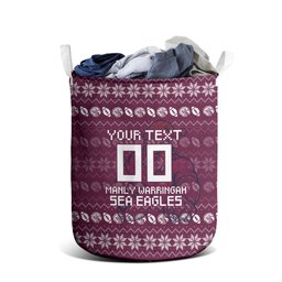 Personalized Sea Eagles Christmas Laundry Basket Australian Rugby Fans - Pixelated Ugly Xmas Pattern Mascot Santa