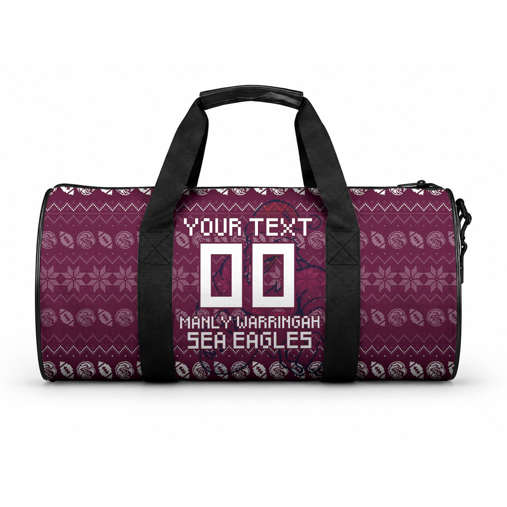 Personalized Sea Eagles Christmas Duffle Bag Australian Rugby Fans - Pixelated Ugly Xmas Pattern Mascot Santa