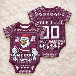 Personalized Sea Eagles Christmas Baby Onesie Australian Rugby Fans - Pixelated Ugly Xmas Pattern Mascot Santa