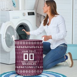 Personalized Sea Eagles Christmas Laundry Basket Australian Rugby Fans - Pixelated Ugly Xmas Pattern Mascot Santa