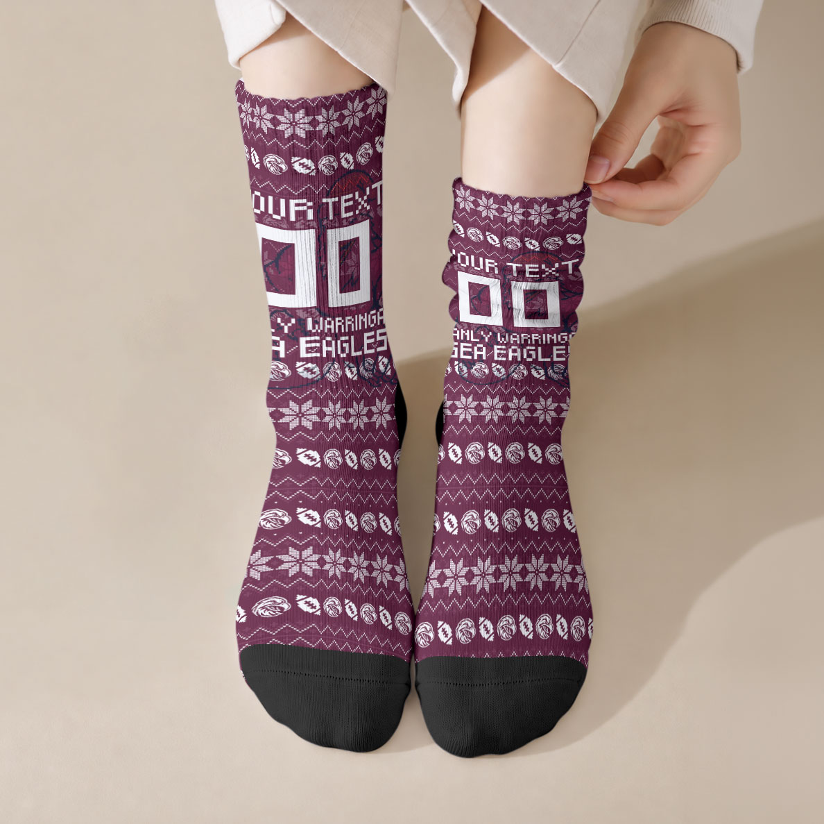 Personalized Sea Eagles Christmas Crew Socks Australian Rugby Fans - Pixelated Ugly Xmas Pattern Mascot Santa