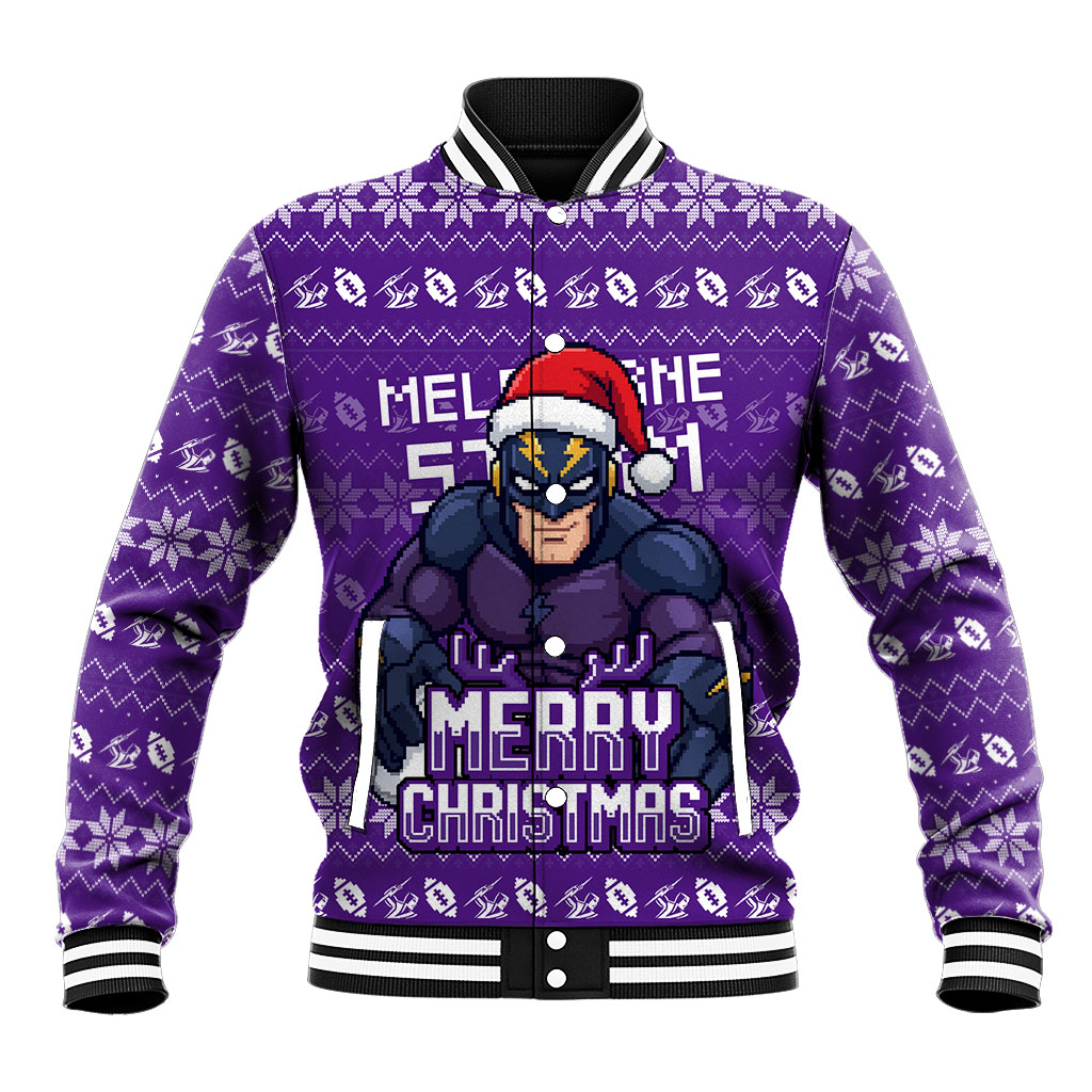 Personalized Melbourne Storm Christmas Baseball Jacket Australian Rugby Fans - Pixelated Ugly Xmas Pattern Mascot Santa