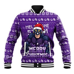 Personalized Melbourne Storm Christmas Baseball Jacket Australian Rugby Fans - Pixelated Ugly Xmas Pattern Mascot Santa