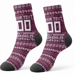 Personalized Sea Eagles Christmas Crew Socks Australian Rugby Fans - Pixelated Ugly Xmas Pattern Mascot Santa