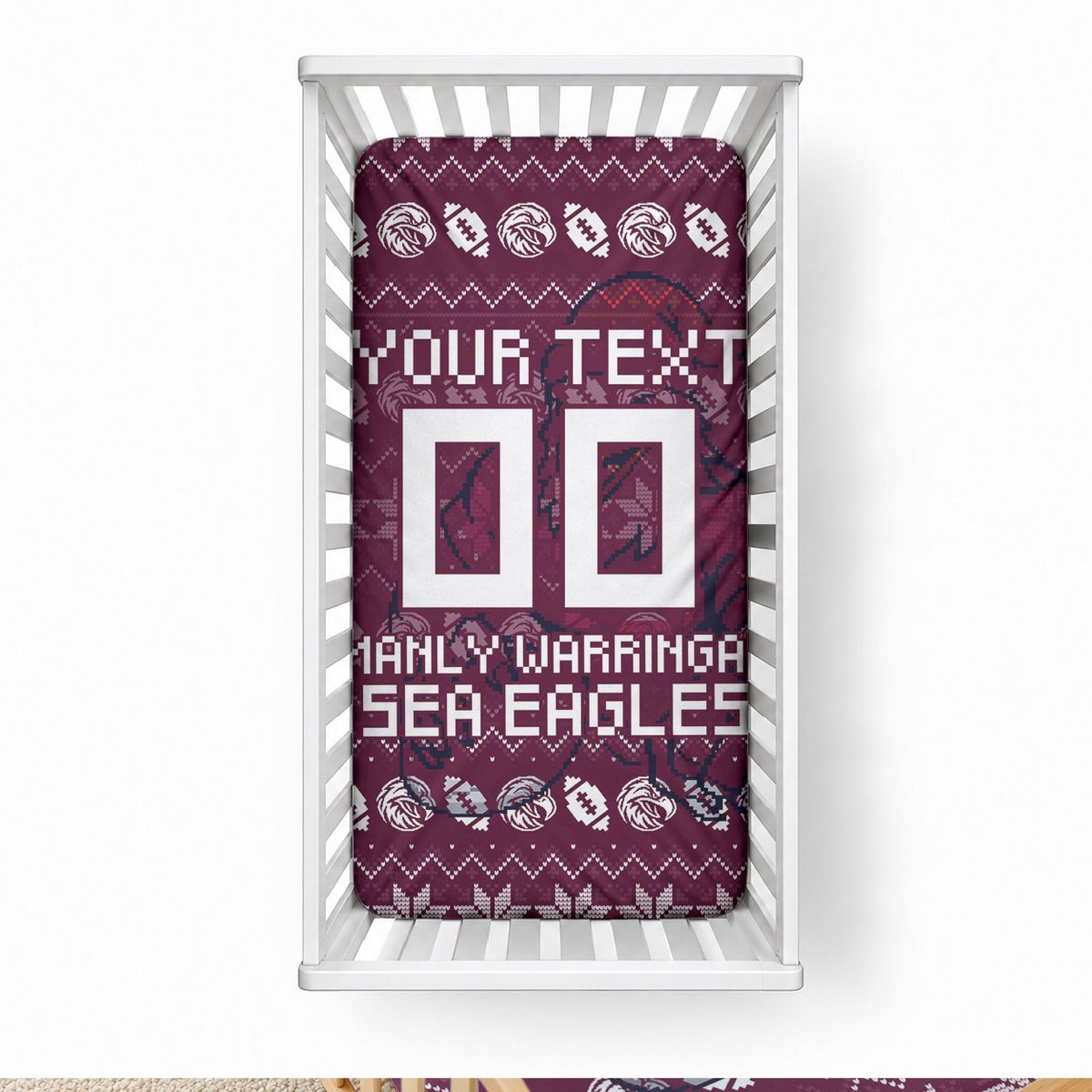Personalized Sea Eagles Christmas Baby Bed Cover Australian Rugby Fans - Pixelated Ugly Xmas Pattern Mascot Santa