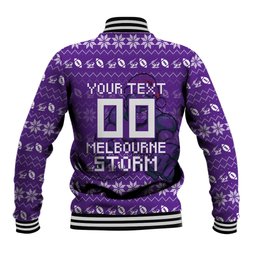 Personalized Melbourne Storm Christmas Baseball Jacket Australian Rugby Fans - Pixelated Ugly Xmas Pattern Mascot Santa