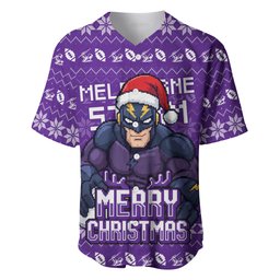 Personalized Melbourne Storm Christmas Baseball Jersey Australian Rugby Fans - Pixelated Ugly Xmas Pattern Mascot Santa
