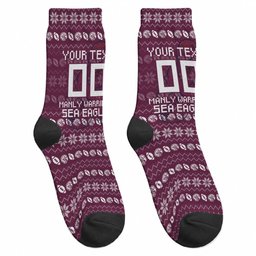 Personalized Sea Eagles Christmas Crew Socks Australian Rugby Fans - Pixelated Ugly Xmas Pattern Mascot Santa