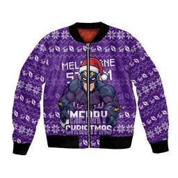 Personalized Melbourne Storm Christmas Bomber Jacket Australian Rugby Fans - Pixelated Ugly Xmas Pattern Mascot Santa