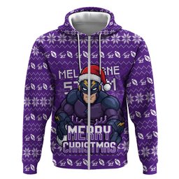 Personalized Melbourne Storm Christmas Zip Hoodie Australian Rugby Fans - Pixelated Ugly Xmas Pattern Mascot Santa