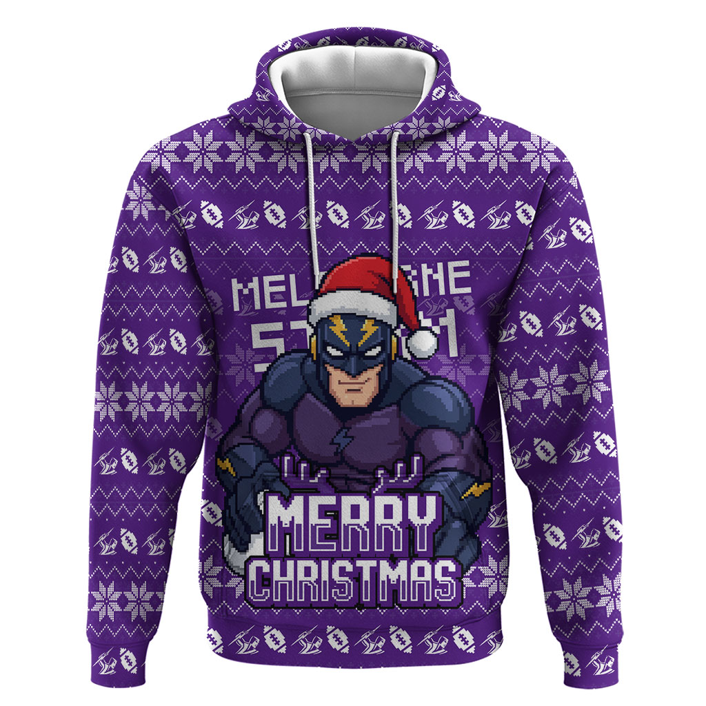 Personalized Melbourne Storm Christmas Hoodie Australian Rugby Fans - Pixelated Ugly Xmas Pattern Mascot Santa